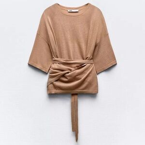 Zara Camel/Taupe Short-Sleeve Knit Top with Waist Tie